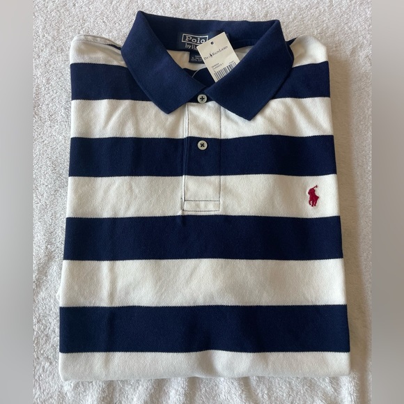 NWT Vintage Polo Ralph Lauren Mens Polo Shirt Blue & White Stripes, Sz Large - Picture 1 of 3